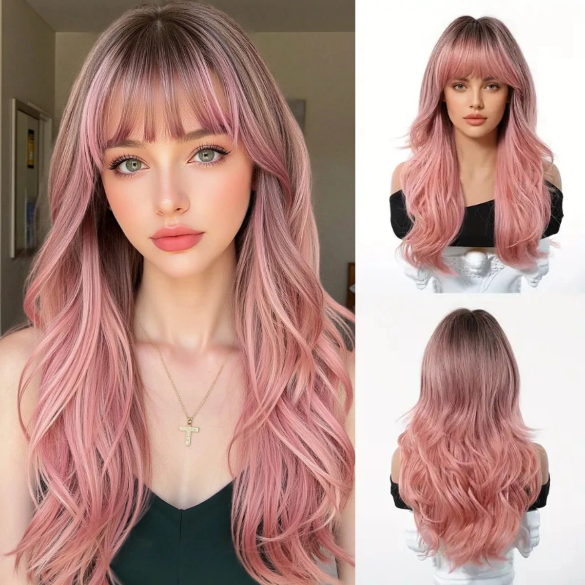 

Длинный волнистый синтетический парик от темно-коричневого до розового цвета, гладкий блестящий термостойкий повседневный парик для вечеринок для женщин, модные синтетические волосы