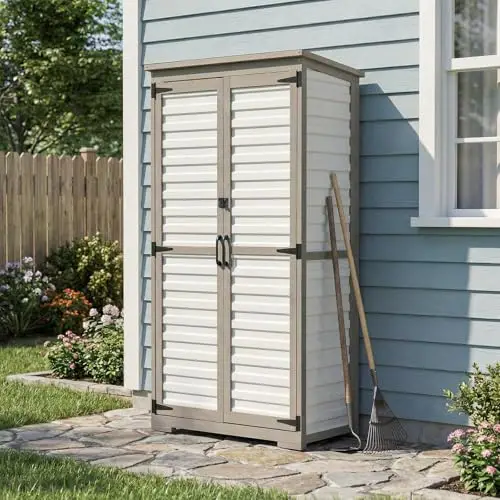Outdoor Storage Cabinet with Shelves, Wood & Plastic Garden Shed, Weatherproof Outside Tool Cabinet for Patio