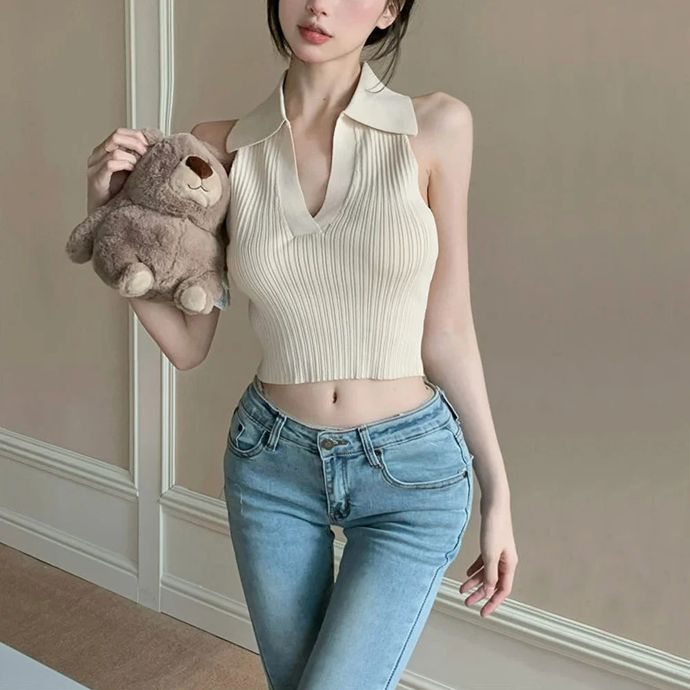 

V Neck Tank Knitted T Shirt Top Women S-L Spring Summer Clothes Sleeveless Crop Top Red Apricot Streetwear Cropped Feminino Vest