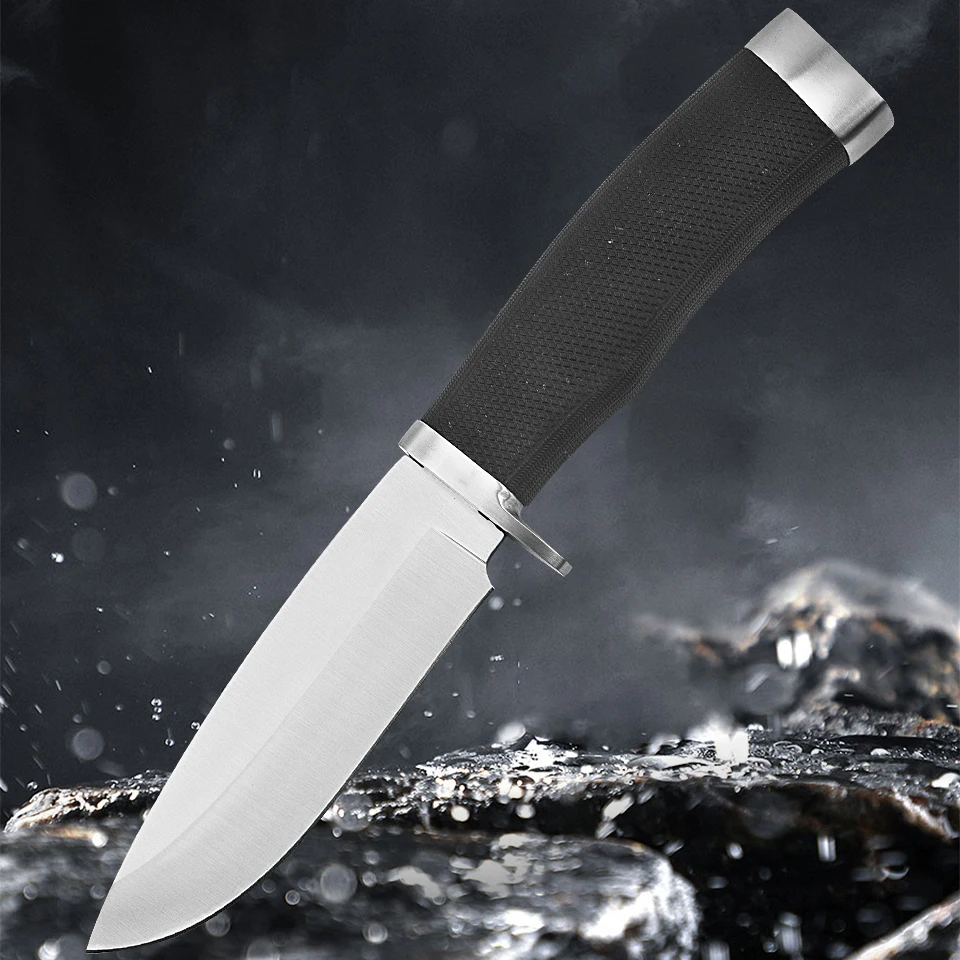 Fixed Blade Knife with Rubber Handle for hiking, fishing EDC Portable Tool Knife with Leather Sheath.
