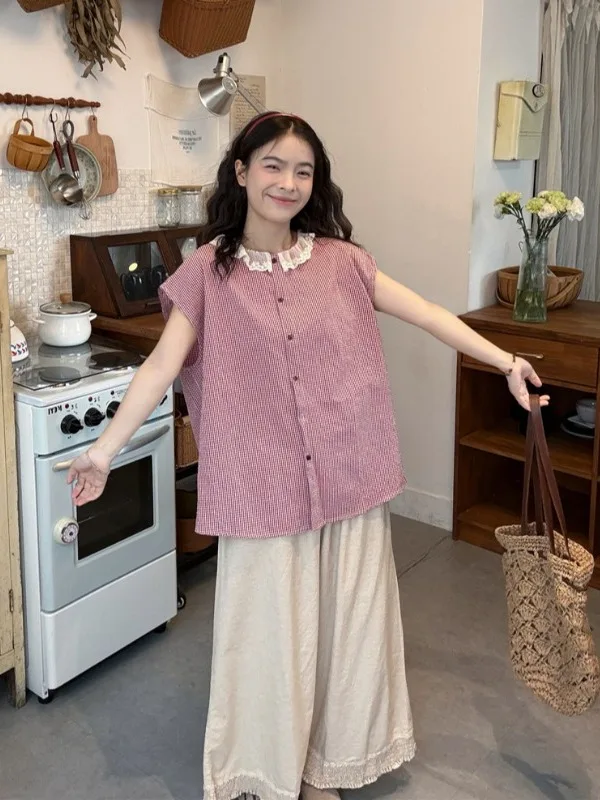 

plus Size Women's Sweet Retro Plaid irt And Pants Set with Flower Petal Collar Elastic Waist Casual Summer Outfit