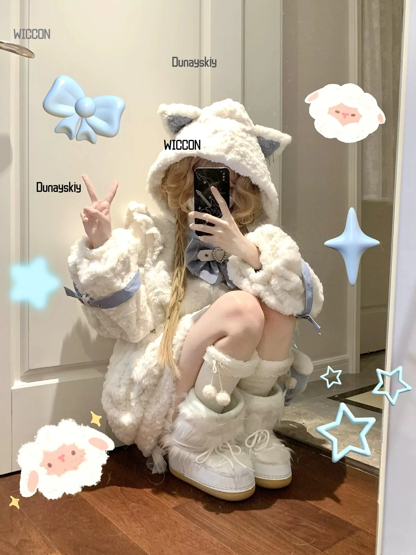 Jirai Kei Cat Furry Fursuit Kawaii Cosplay Costumes Plush Coat White Cat Ear White Blue Warm Halloween Christmas Cosplay view 5