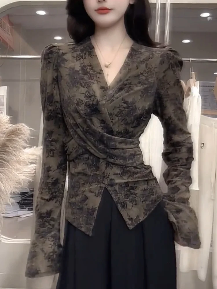 

Ретро-топ с V-образным вырезом для женщин, утягивающий, больших размеров, во французском стиле, осенняя новинка, повседневная нижняя одежда