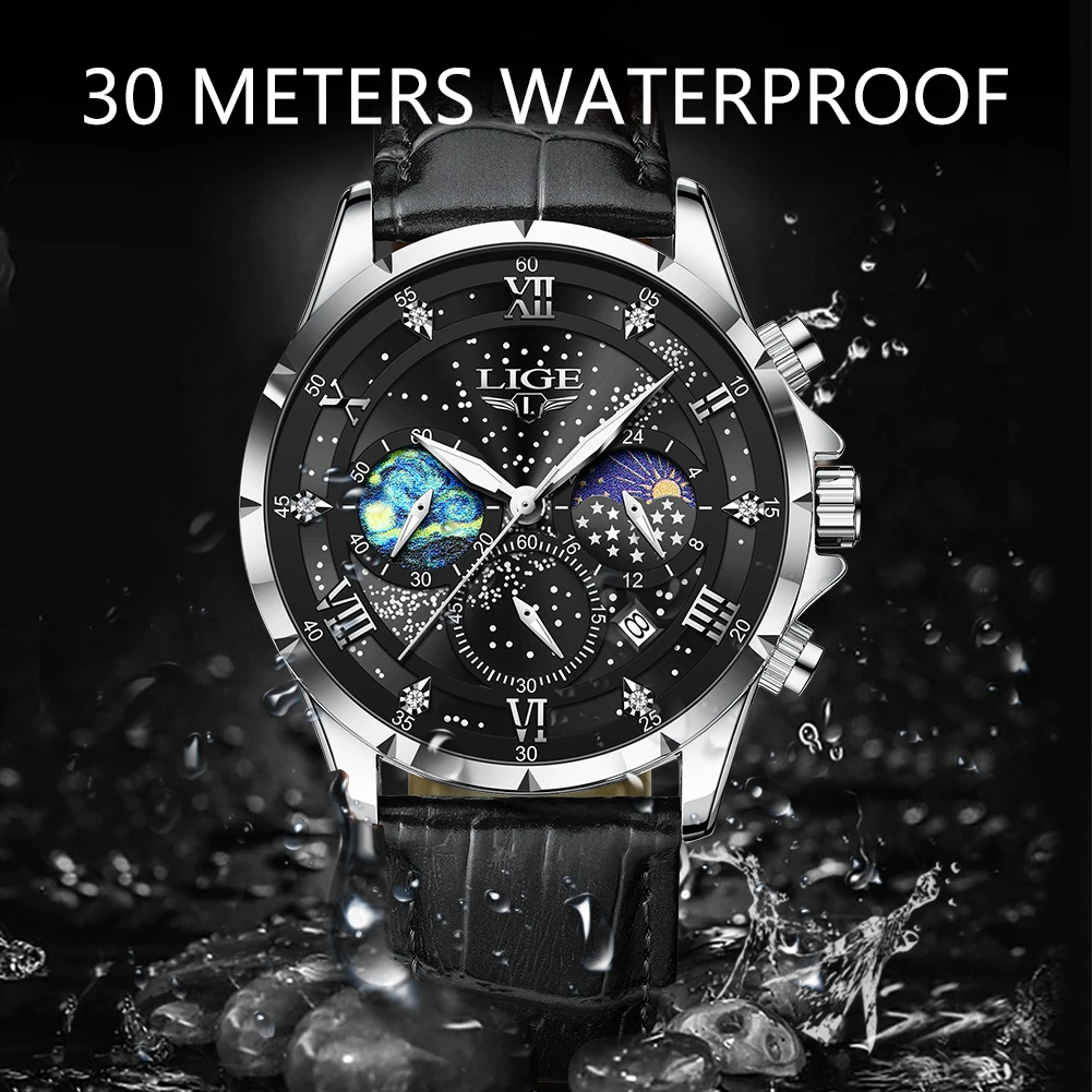 LIGE 2024Mens Watch Luxury Waterproof Male Clock Moon Phase Date Casual Leather Quartz Wrist Watch Men Chronograph Montre Homme