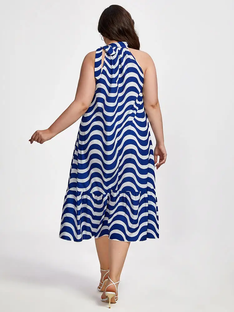 Plus Sized Clothing Women Holiday Dress Geometry Wave Print Sleeveless Halter Ruffle Hem Casual Striped Summer Midi Dress