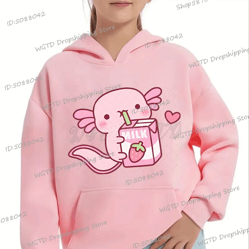 Pink Axolotl Loves Strawberry Milk Hoodie Kids Cartoon Hooded Funny Comic Axolotl Long Sleeve Tracksuit Boys Girls Cute Hoodies