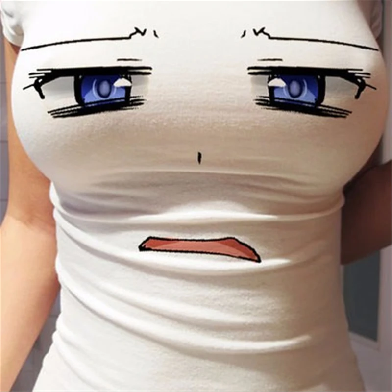 T-Shirt à manches courtes et col rond pour femme, haut imprimé 3D, dessin animé, grands yeux, sexy, mignon, drôle, vêtements, été, 2023