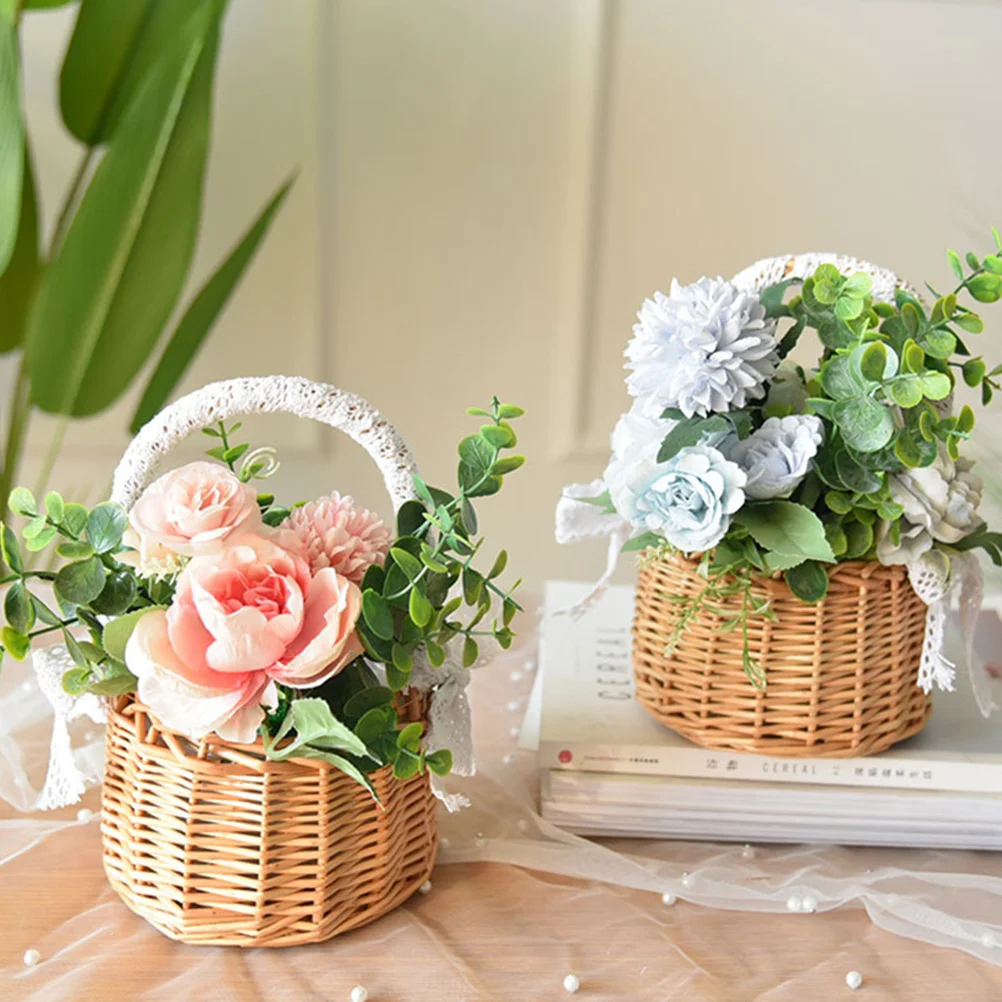 

Rattan H 15cm Blue Portable Woven Flower Basket Bride Wedding Storage Picnic H held For Gifts Flower Girl Supplies Arrangement