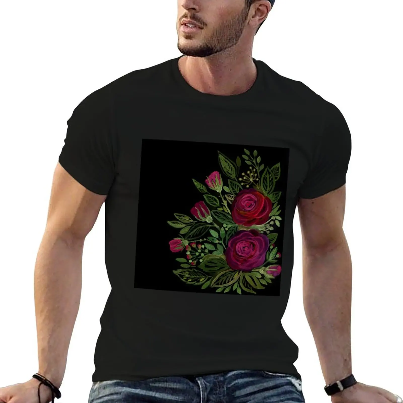 A bouquet of roses on a black background . T-Shirt street wear summer top hippie clothes t shirts for men graphic