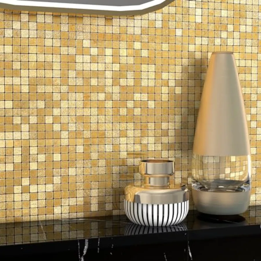 

Gold Kitchen Backsplash Tiles Peel and Stick Mosaic Stickers Self-Adhesive Wall Panles Heat Resistant Waterproof Square