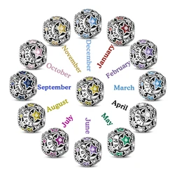 925 Sterling Silver January to December Star Moon Birthstone Charms Beads Sparkling Zircon Fit DIY Bracelets Birthday Jewelry