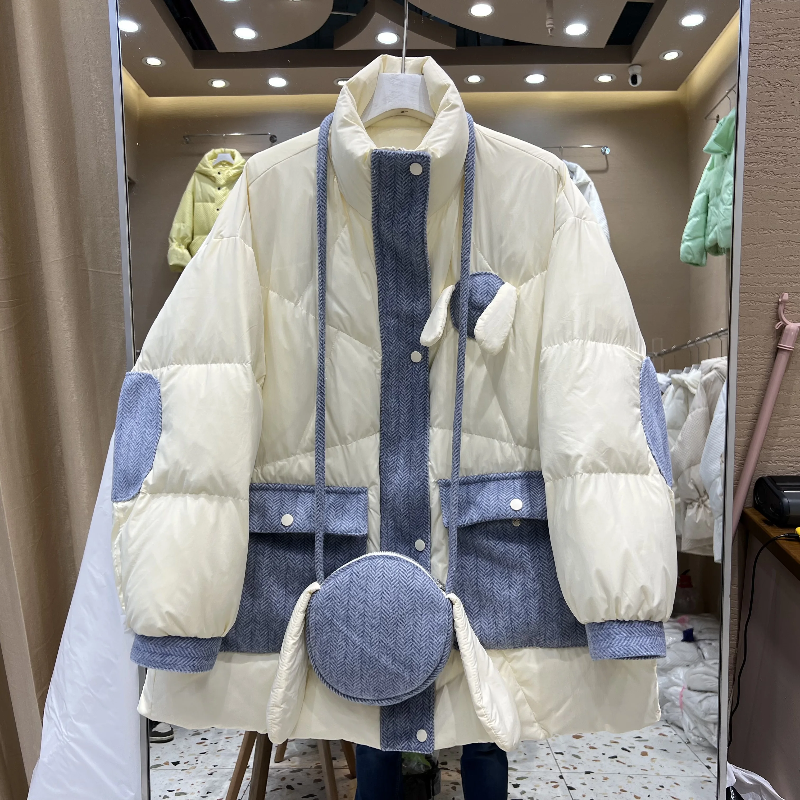 New Down Jacket Womens Mid-length Shoulder Bag Rabbit Stand Collar Thickened Stitched Woolen Cloth White Duck Down Winter Coats