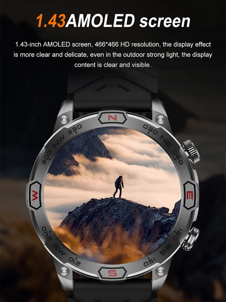 مالك الوقت 2025 ساعة ذكية جديدة الرياضة في الهواء الطلق العسكرية 1.43 "الرا HD عرض البوصلة جعل/استقبال المكالمات الهاتفية Smartwatch