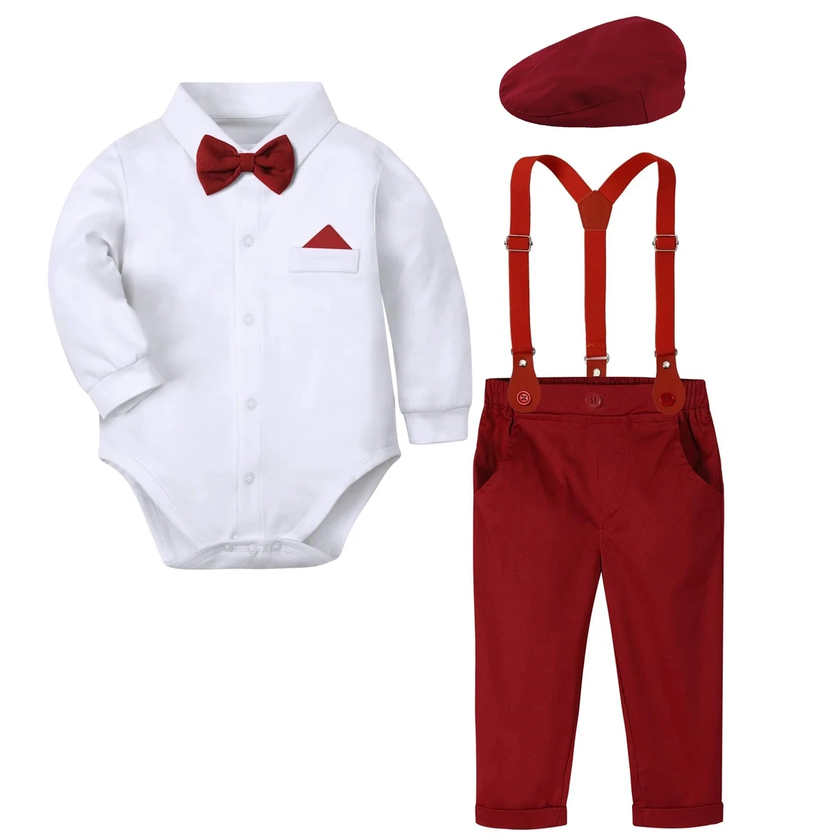 Christmas Outfit Baby Boy Clothes Infant New Year Party Gift Toddler Suspender Formal Suit Set Newborn Xmas Red Green Plaid 2PCS