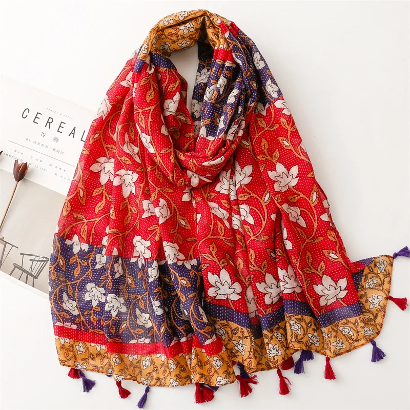 Boho Scarf For Women Lightweight Floral Printed Shawls Summer Fashion Fringed Bohemian Sunproof Stoles Fashionable Country Style