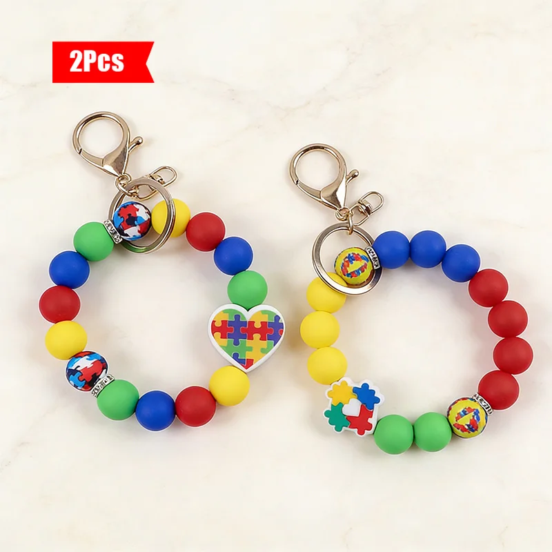 2Pcs BFF Autism Awareness Keychain Set - Puzzle Piece Beaded Wristlets, Perfect Friendship Gifts for Advocates & Supporters
