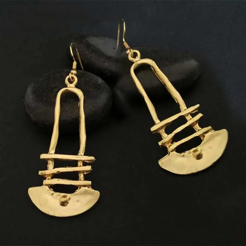 Vintage Staircase Half Round Geometric Earrings Women's Punk Jewelry Gold Color Hollow Handmade Declaration Pendant Earrings