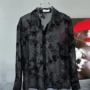 ฤดูใบไม้ผลิฤดูใบไม้ร่วงแฟชั่น Turn-Down คอยาวแขนยาวพิมพ์เสื้อผู้ชายเสื้อผ้า Casual All-Match VINTAGE ปุ่ม Chic เสื้อ