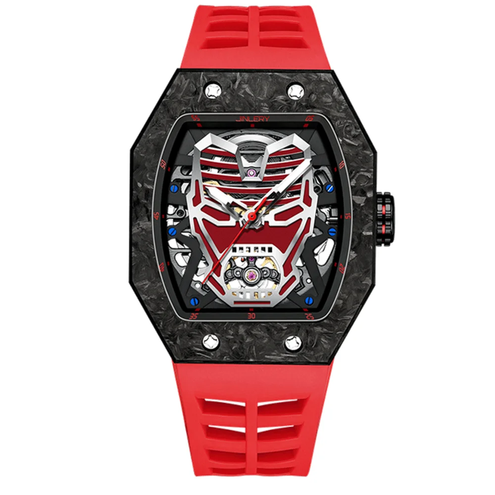 JINLERY Men's Mechanical Sapphire Crystal Skeleton Wrist Watch Automatic Self-Winding Iron Man Design Male Clock Reloj Hombre