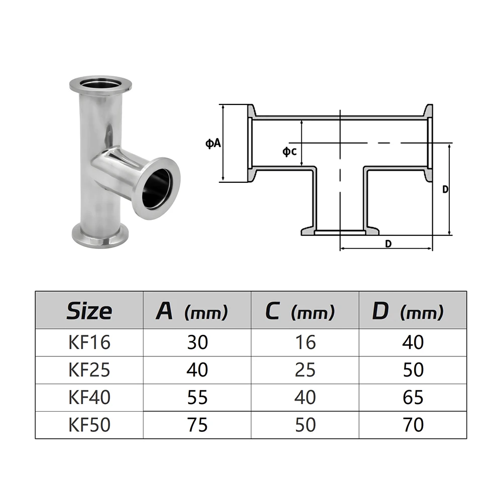Sanitärvakuum-KF-Flanschverbindungen – 304-Stahl KF16/KF25/KF40/KF50 Winkel-/T-Stück-/Vierwege-Hochdruck-Klemm-Vakuumsystem – Detail 12