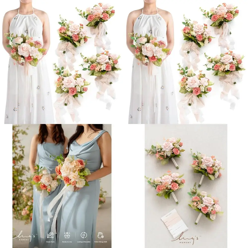 

Set of 4 Pink Blush Garden Wedding Bouquets for Bridesmaids, 7 Bridal & Bridesmaid Arrangements