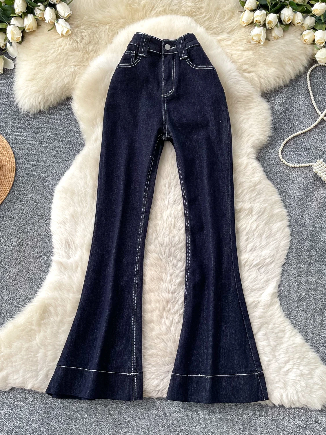 

Женские джинсы-клеш с высокой талией в городском стиле, утягивающие, универсальные, весенние, длинные брюки на молнии, цветные