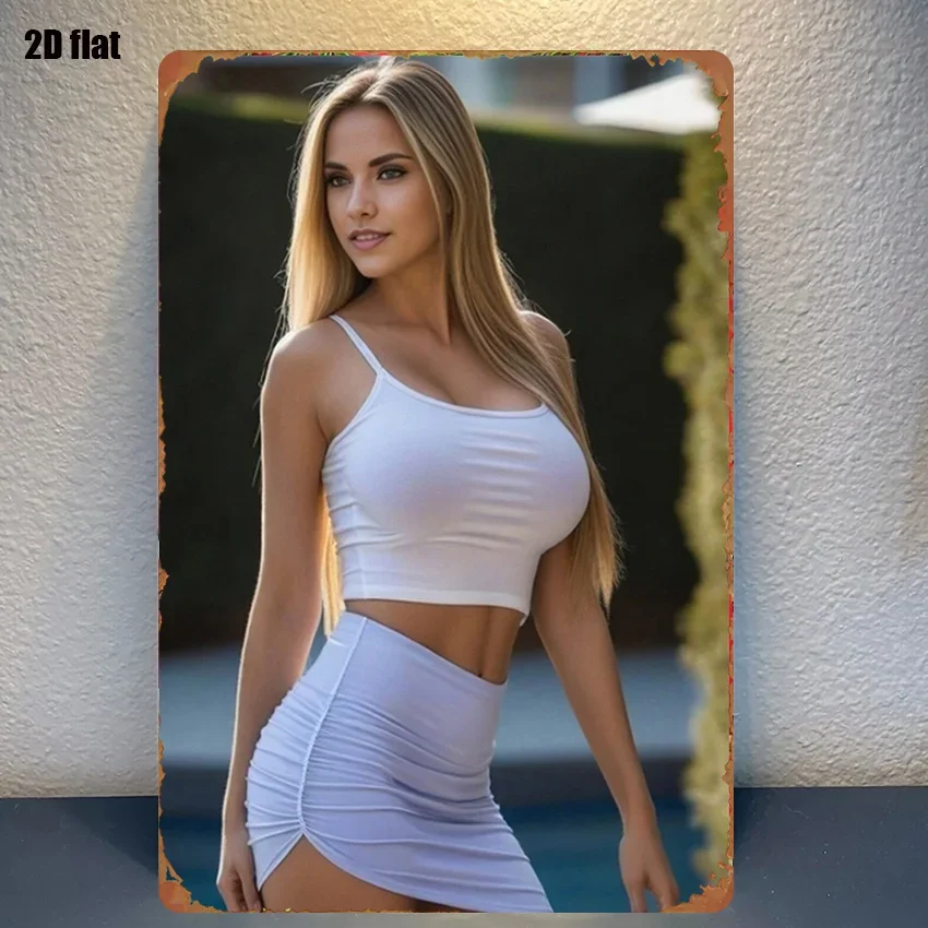 Funko Pop Style Blonde Girl Tin Sign 8x12 White Crop Top Mini Skirt Retro Metal Poster Wall Art for Bedroom Man Cave