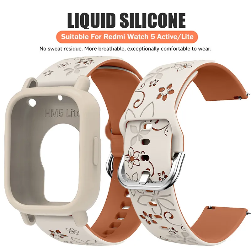 Engraved Silicone Band + Protective Case For Redmi Watch 5 Active Band For Redmi Watch 5 Lite Sports Watch Strap Case Accessory