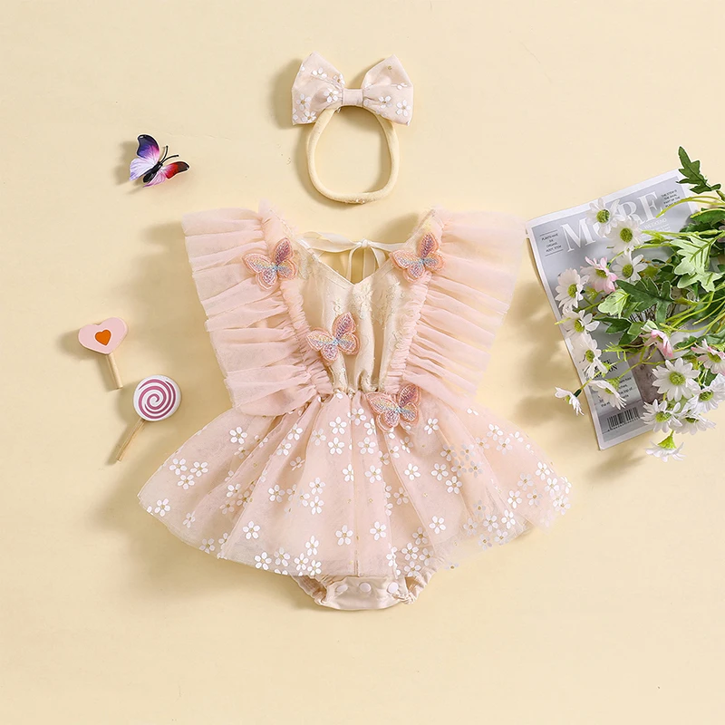 

Baby Girls 2Pcs Summer Mesh Bodysuits Dress Newborn Outfits Sleeveless 3D Butterfly Floral Tutu Jumpsuit Headband Rompers Set