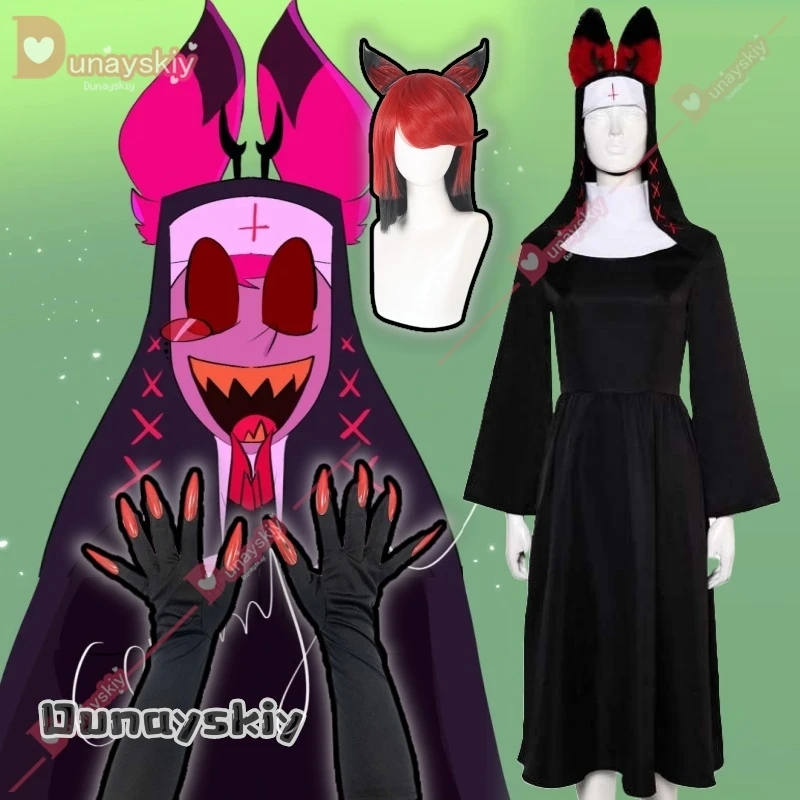 Nun Alastor Cosplay Nun Costume Female Women Adult 2025Halloween Carnival Suit Dress Veil Headwear with Ears Accessory Outfit