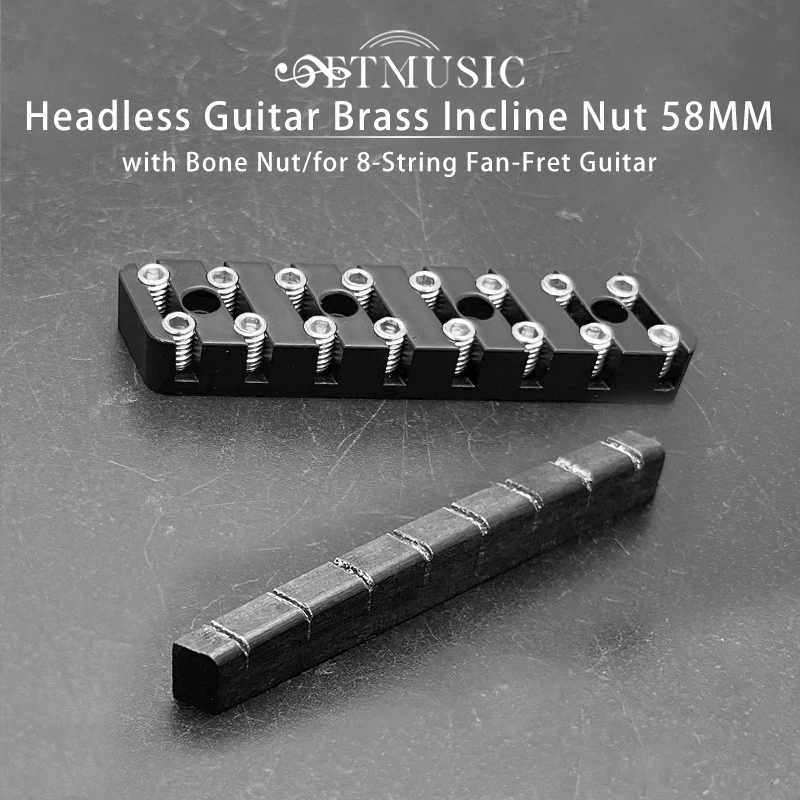 8-String Fan-Fret Headless Guitar Brass Incline Nut 58MM for Headless Guitar Double Line Fastening Screws with Bone Nut