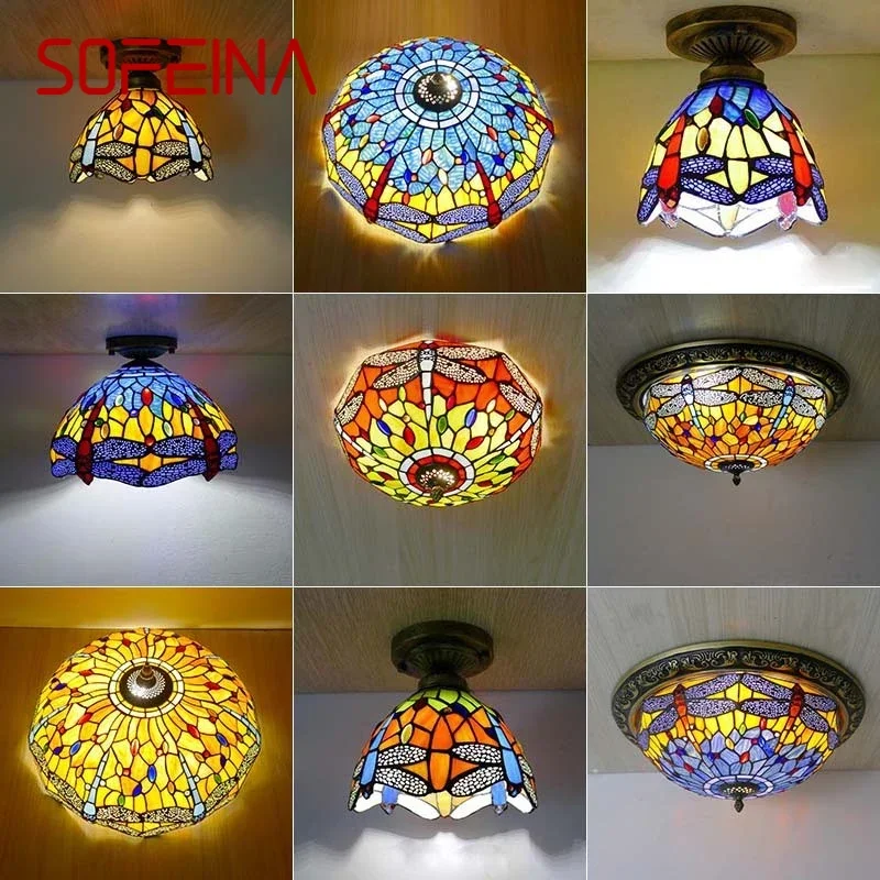 SOFEINA Tiffany Ceiling Light American Countryside Bedroom Study Modern Creative Bar Counter CorridorColored GlassCeiling Light