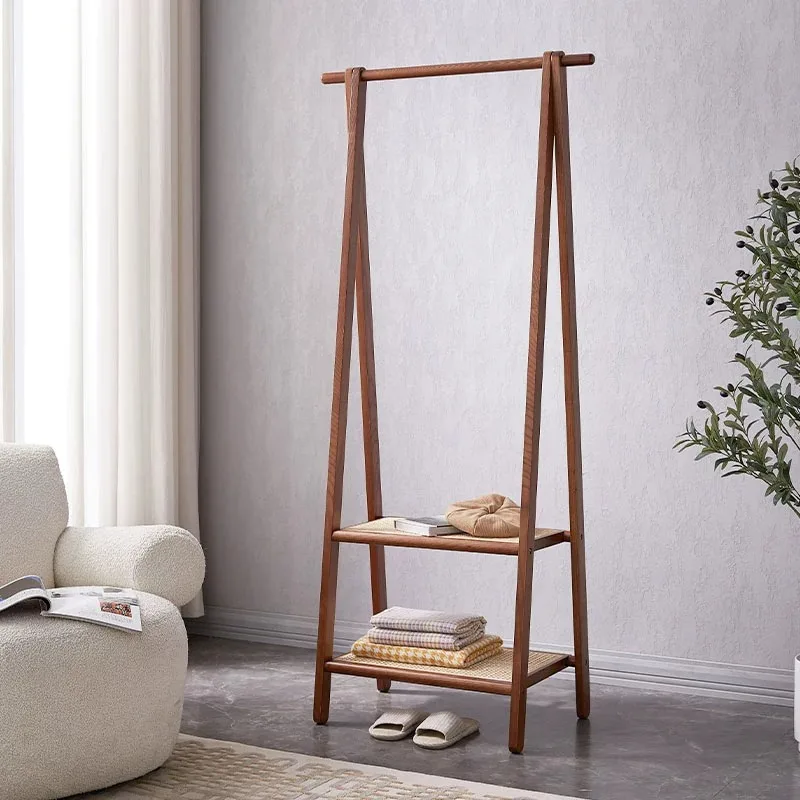 American Style Solid Wood Walnut Real Rattan Freestanding Coat Rack for Home Bedroom Homestay