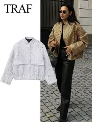 TRAF 2024 Spring Women Shiny Sequins Loose Jacket Female Silver Long Sleeve Casual Bomber Jacket With Pockets Chic Streetwear