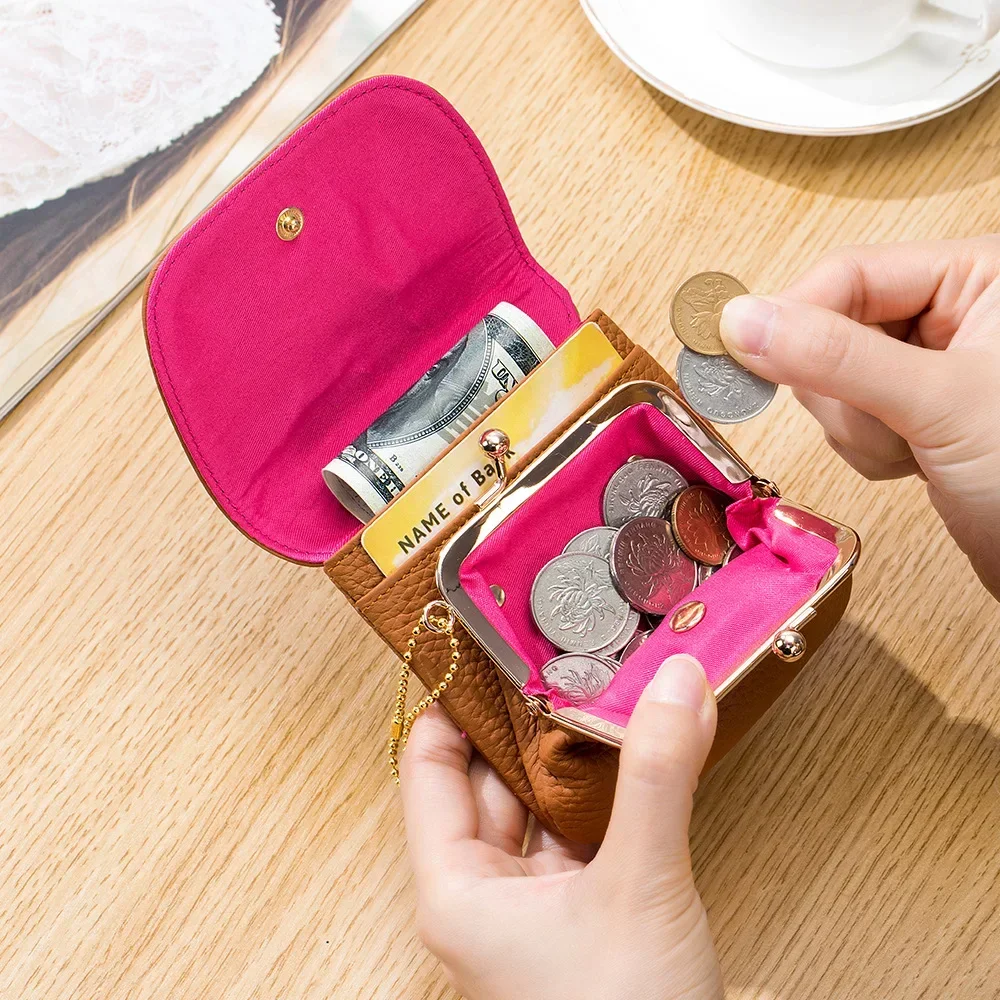 

Genuine Leather Coin Purse Women Cowhide Change Purse Metal Hasp Closure Card Holder Wallet Luxury Kiss Buckle Small Clutch Bag