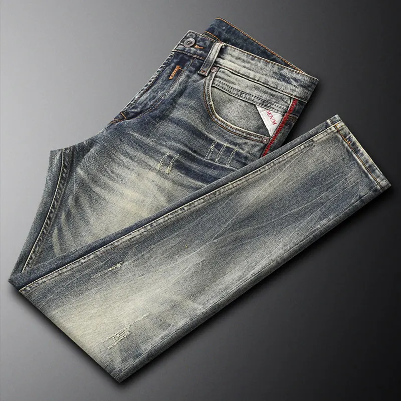 High-Quality Street Fashion Men's Retro Washed Blue Slim Fit Jeans Elastic Straight Tube Corrugated Men's Jeans