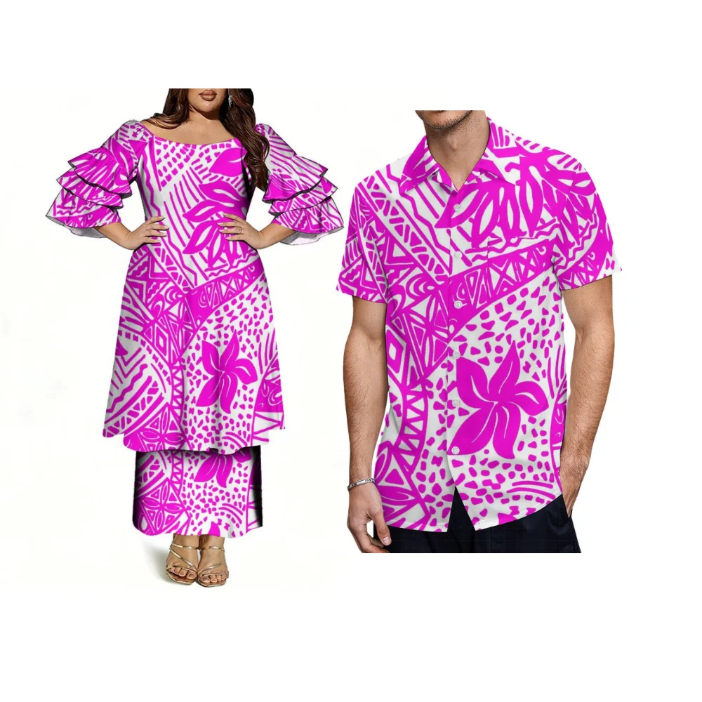 New Custom-Printed Polynesian Couple Outfit A Ladies' Three-Layer Sleeve Suit Consisting A Top And A Skirt A Men'S Casual Shirt