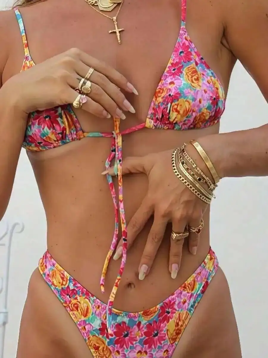 

New Floral Print Bikini Sexy Strappy Swimwear Women Bikini Set Charming Backless Suspenders Sleeveless Drawstring Beautiful C3PM