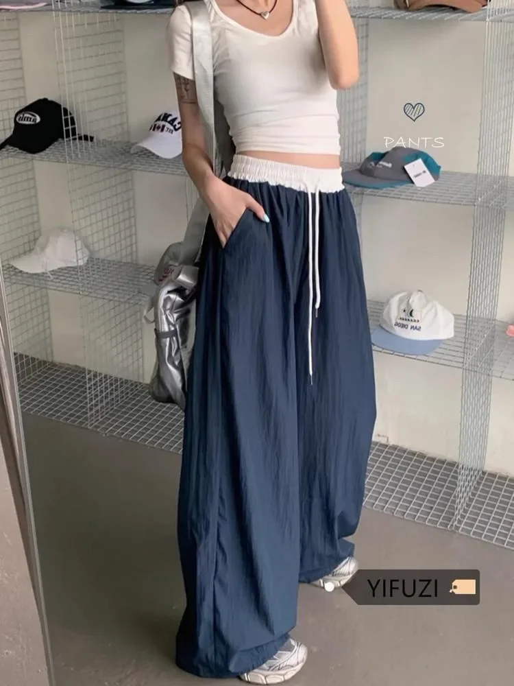 Summer New Retro High Waisted Cargo Pants For Women Korean Fashion Wide Leg Baggy Pants Sweatpants Y2k Joggers Women Streetwear