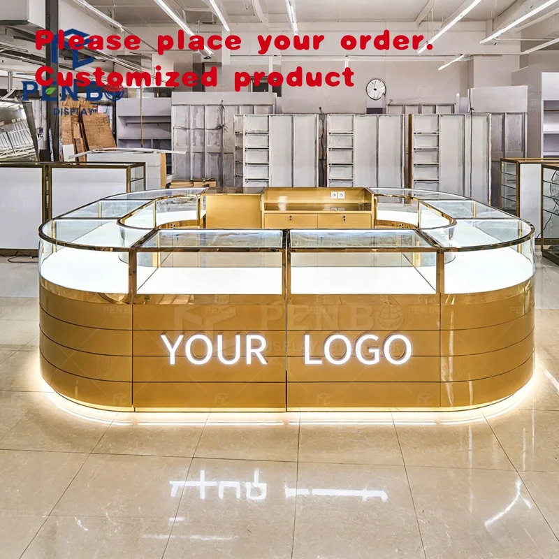 custom.New Design Jewellery Shop Showcase Led Lighting Gold Jewelry Counter Showcase Circle Simple Mall Kiosk Design Jewelry Kio