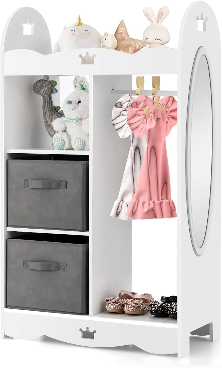 Kids Dress up Storage Wardrobe, Toddler Armoire Dresser Wardrobe W/Mirror & Cloth Hanger, Cute Crown Patterns