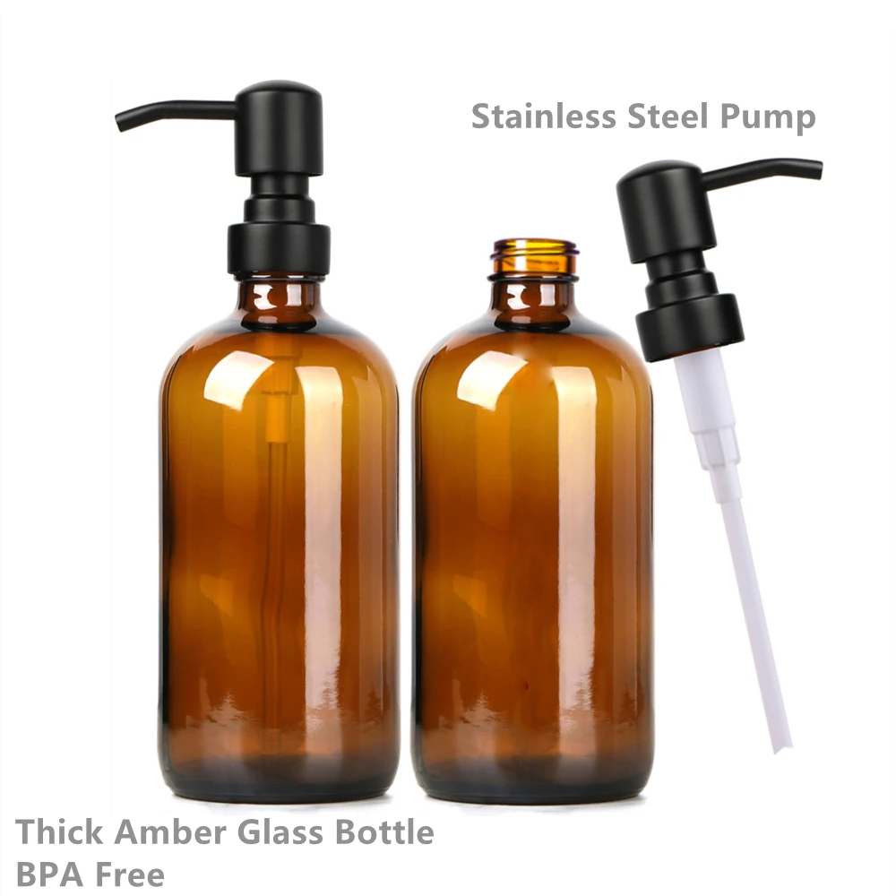 Amber Glass Soap Dispenser, Kitchen Bathroom Hand Dish Soap Dispenser Set with Rustproof Stainless Steel Pump, 2Pcs, 16 Oz 500ml