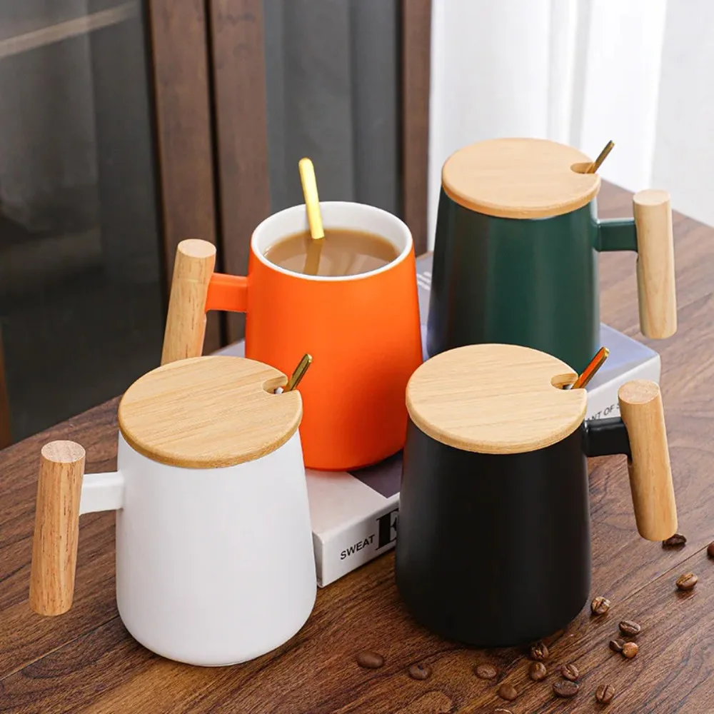 New Vintage Nordic Design Ceramic Coffee Mug with Lid Wooden Handle Retro Office Home Water Cup Simple Business Gift Drinking - view 2