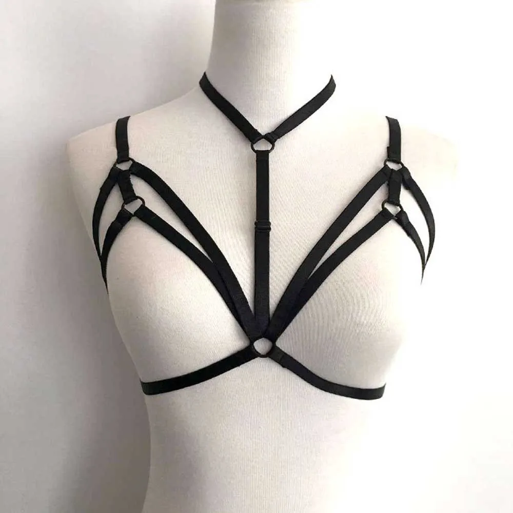 Pentagram Body Harness Lingerie Suspenders Belt Crop Women Elastic Cage Bra Strappy Harness Cage Bdsm Belt Metal Clubwear