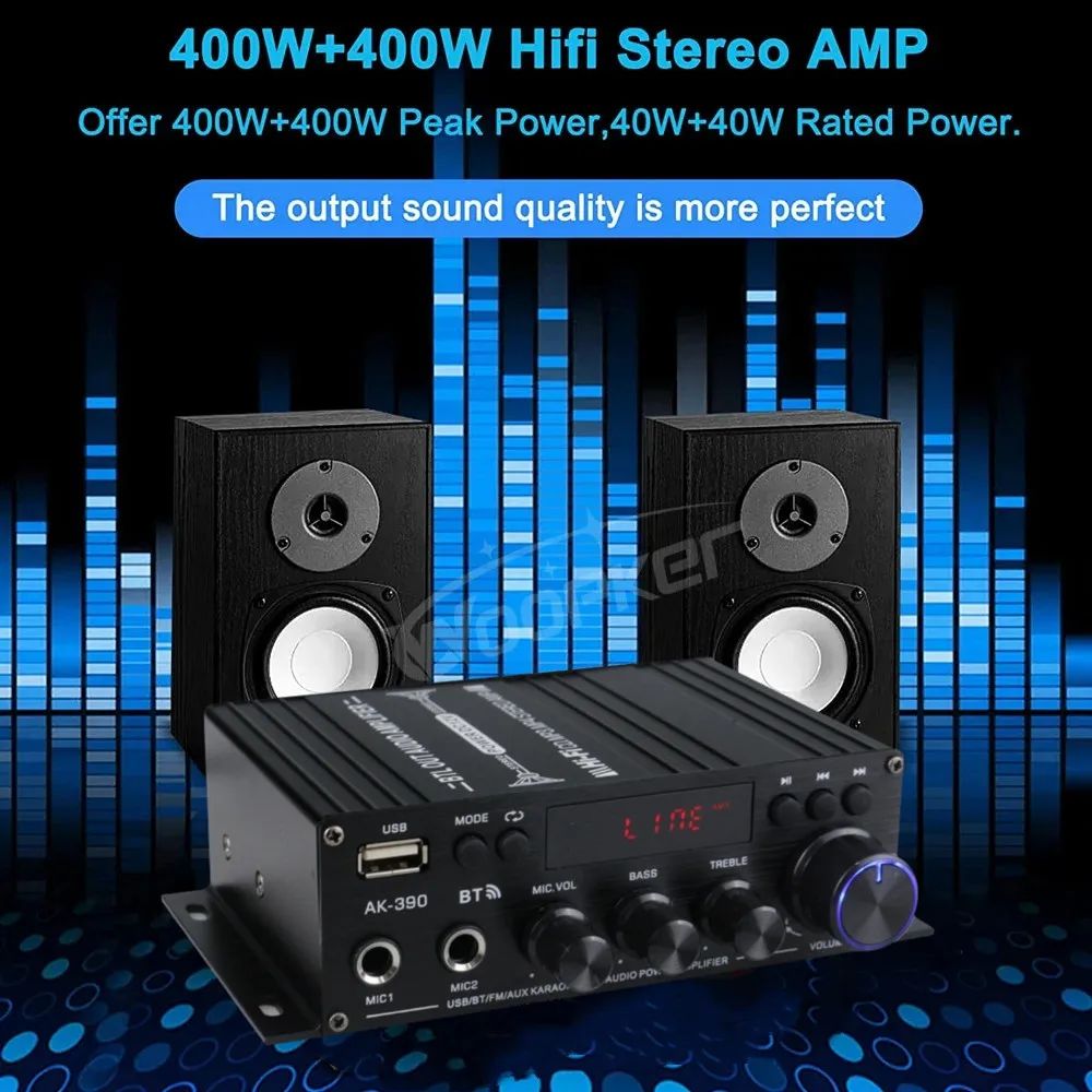 Woopker AK390 Wzmacniacz dźwięku HIFI Bluetooth Domowy cyfrowy kanał audio 2.0 Wzmacniacz dźwięku Obsługa mikrofonu FM Bass Treble 12V 3A