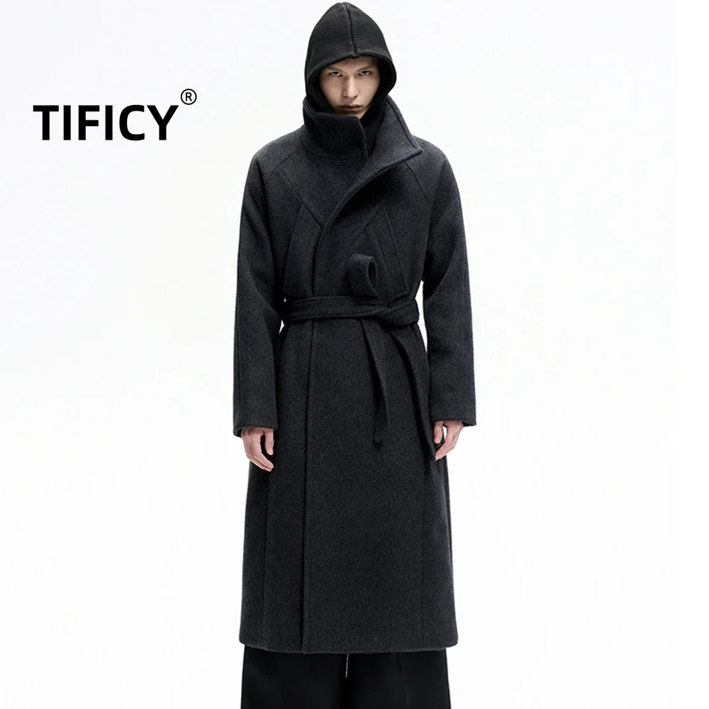 High Street High-weight Wool Coat with No Buttons Tie-up Deconstructed Loose Long Style and Elegant Wool Blend Outerwear Coats