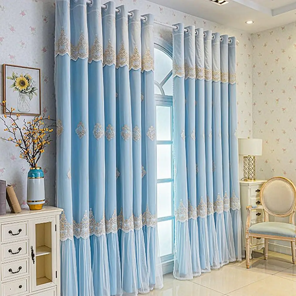 1 Panel 132cm Width Double Layer Curtain with Valance for Girls Room Living Room Luxury European Embroidered Curtain