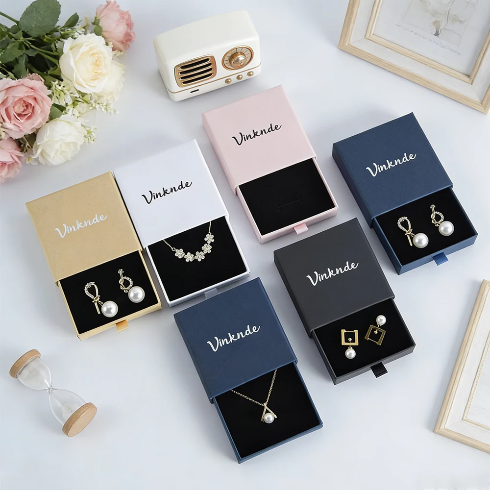 

100pcs Bulk Earrings Case Jewelry Box 8X8x2.5cm Custom Cardboard Drawer Sliding Gift Boxes Necklace Bracelet Ring Paper Storage