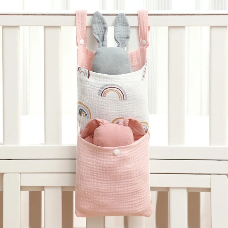 Crib Muslin Cotton Storage Bag Diaper Organiser Bedside Container Multifunctional Strollers Hanging Bag Storage Case