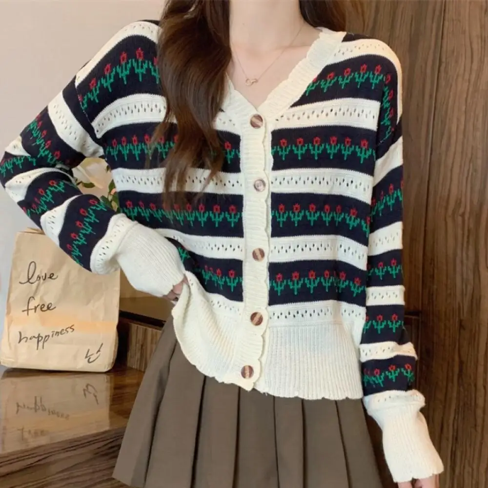

Hot Y2K Kawaii Soft Floral Striped Knit Cardigan Sweater Tops Women's Woman Clothes Long Sleeve Casual Autumn Winter Ladies Wear